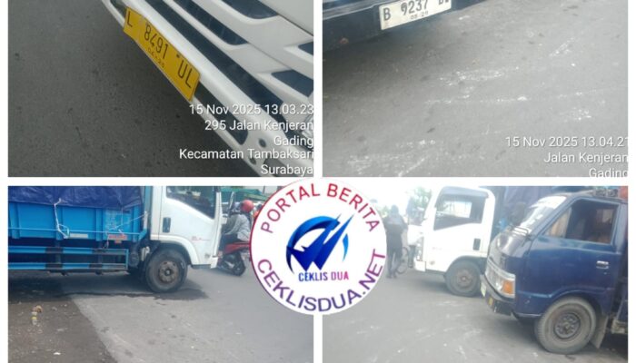 Dua Truk ELF Nopol L 8491 UL dan B 9237 DV Parkir Tidak Pada Tempatnya di Sebelah Pospol Tambaksari Kedung Cowek