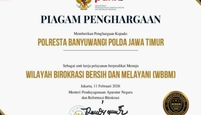 Polresta Banyuwangi Raih Penghargaan Zona Integritas Menuju WBBM Tahun 2025