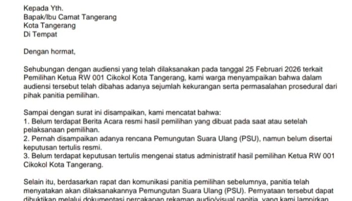 Krisis Legitimasi Pemilihan RW 001 Cikokol, Warga Surati Camat: Jangan Ada Pengesahan Tanpa Dasar Administratif yang Sah