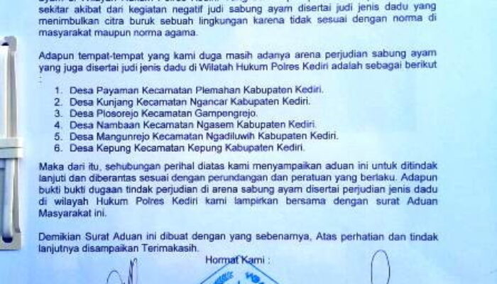 SUKARDI. SH : Surat Aduan Resmi LSM SAROJA Ditujukan Langsung Kapolres Kediri Patut Diapresasi Terkait Pekat Sabung Ayam Aduan