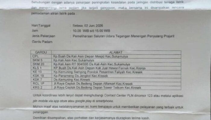 PLN UP3 Cikupa Umumkan Pemadaman Listrik Sementara di Sejumlah Wilayah